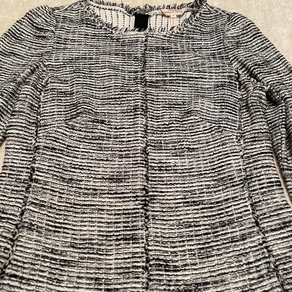 Rebecca Taylor Black White Boucle Tweed Fringe Blazer Jacket